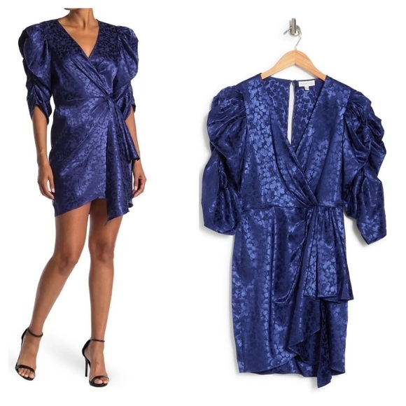 Ronny Kobo / NWT Amara Dress in medieval blue puff shoulder wrap M - Picture 1 of 5